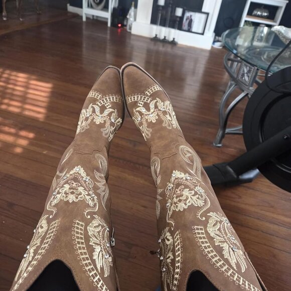 🆕Womens Red Faux Leather Knee High Cowboy Chunky Heel Tall Western Boots - Picture 1 of 9